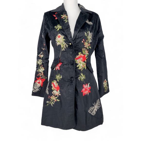 Paparazzi by Biz‎ Black Embroidered Floral Long Coat Boho Chic Statement Jacket - Picture 1 of 8
